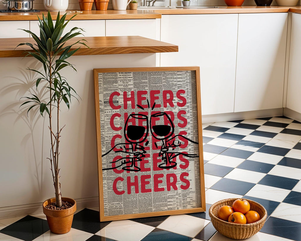 Cheers Wall Art Print, Vintage Newspaper Bar Cart Poster, Red Black Typography Art, Kitchen Bar Decor, Modern Retro Alcohol Quote