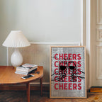Cheers Wall Art Print, Vintage Newspaper Bar Cart Poster, Red Black Typography Art, Kitchen Bar Decor, Modern Retro Alcohol Quote