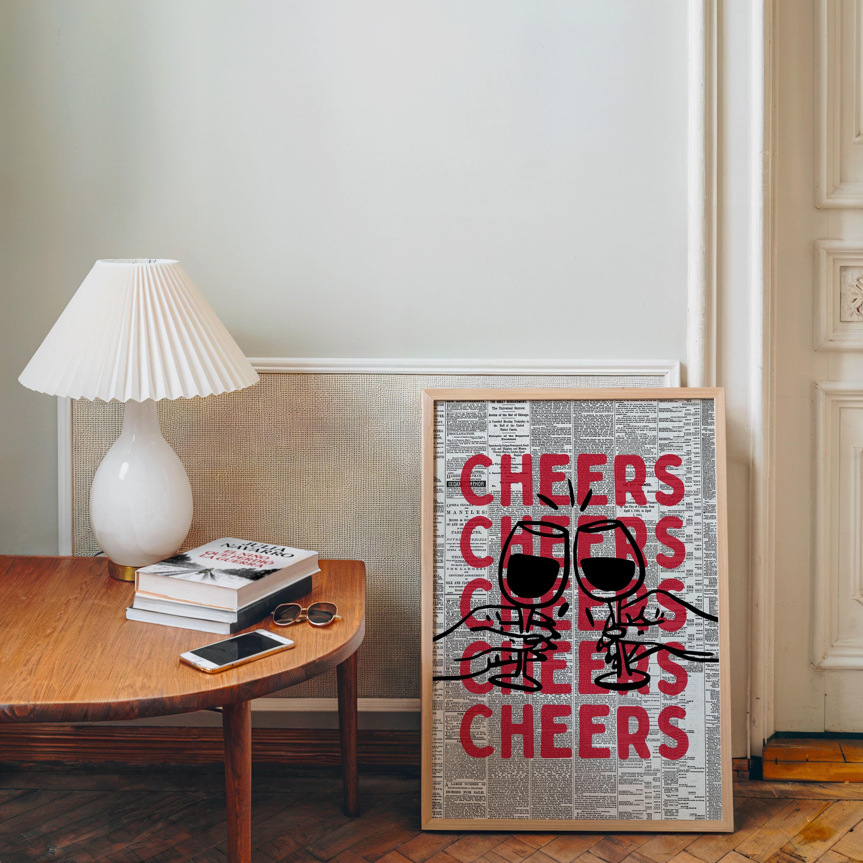 Cheers Wall Art Print, Vintage Newspaper Bar Cart Poster, Red Black Typography Art, Kitchen Bar Decor, Modern Retro Alcohol Quote