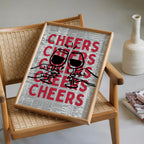 Cheers Wall Art Print, Vintage Newspaper Bar Cart Poster, Red Black Typography Art, Kitchen Bar Decor, Modern Retro Alcohol Quote
