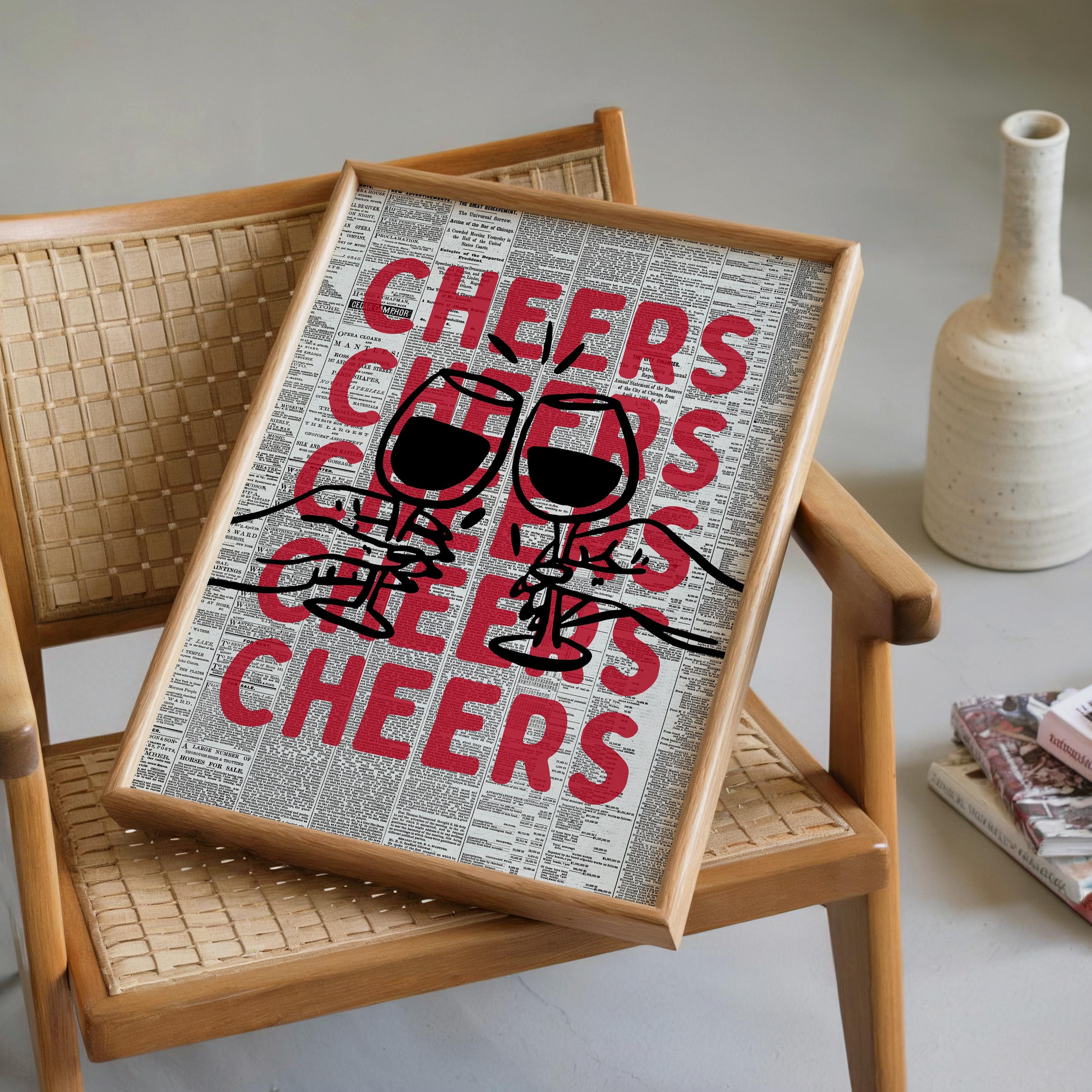 Cheers Wall Art Print, Vintage Newspaper Bar Cart Poster, Red Black Typography Art, Kitchen Bar Decor, Modern Retro Alcohol Quote