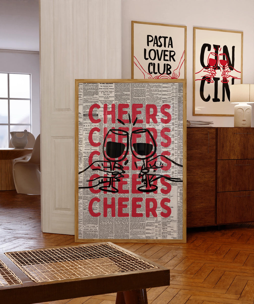 Cheers Wall Art Print, Vintage Newspaper Bar Cart Poster, Red Black Typography Art, Kitchen Bar Decor, Modern Retro Alcohol Quote