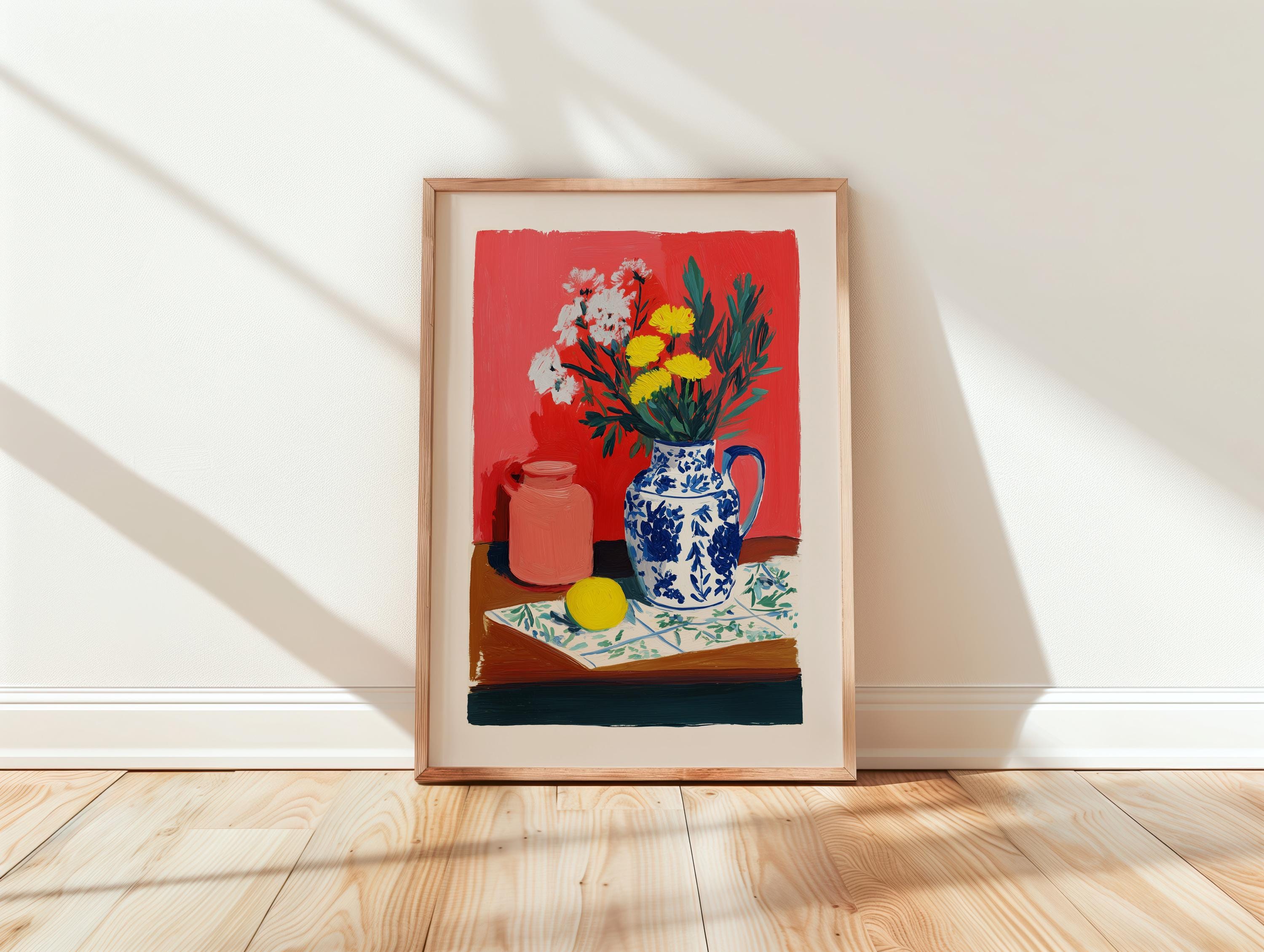 Colorful Floral Still Life Wall Art, Vase and Flowers Painting Print, Modern Classic Kitchen Decor, Mediterranean Style Art Poster, DIGITAL