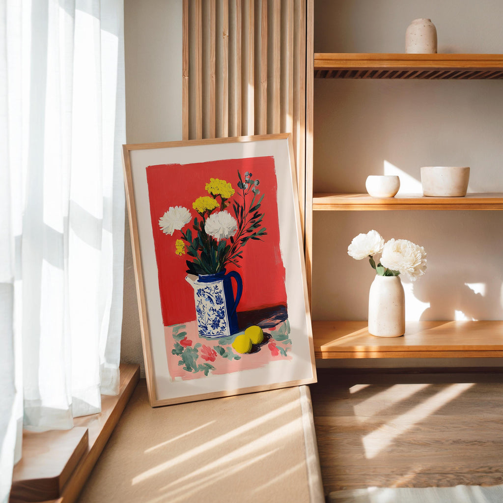 Red Floral Still Life Wall Art, Vase with Flowers Painting Print, Modern Classic Mediterranean Home Decor, Colorful Kitchen Wall Art DIGITAL