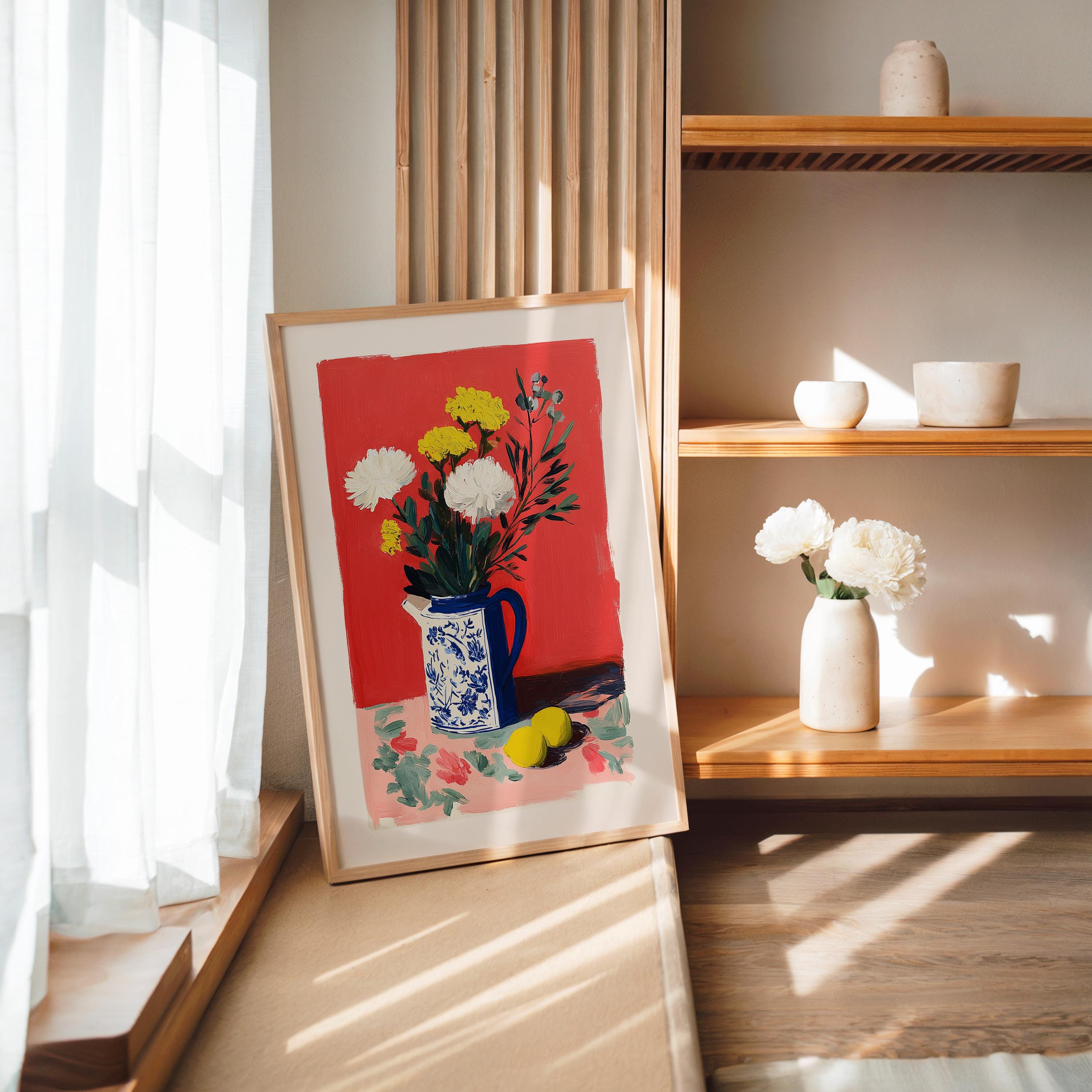 Red Floral Still Life Wall Art, Vase with Flowers Painting Print, Modern Classic Mediterranean Home Decor, Colorful Kitchen Wall Art DIGITAL