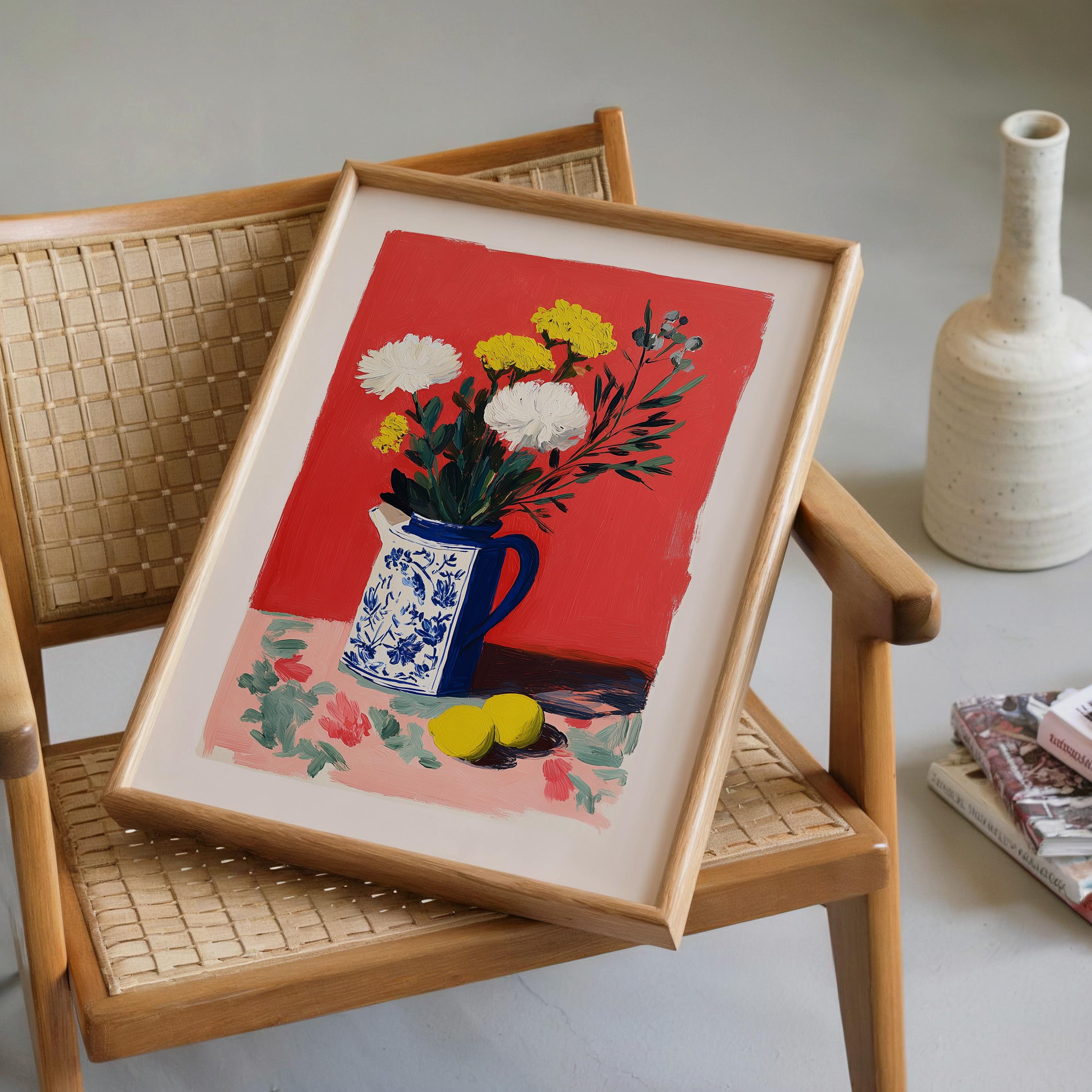 Red Floral Still Life Wall Art, Vase with Flowers Painting Print, Modern Classic Mediterranean Home Decor, Colorful Kitchen Wall Art DIGITAL