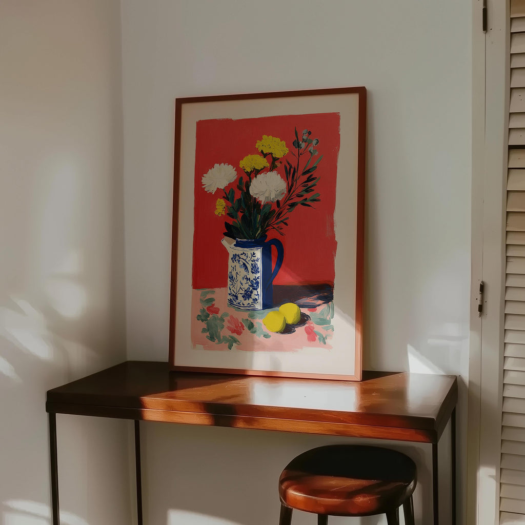 Red Floral Still Life Wall Art, Vase with Flowers Painting Print, Modern Classic Mediterranean Home Decor, Colorful Kitchen Wall Art DIGITAL