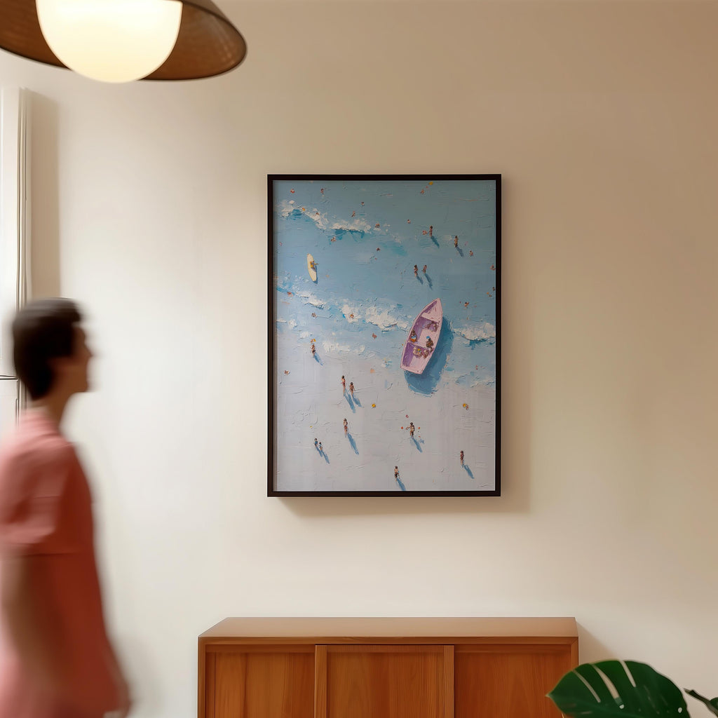 Aerial Beach Coastal Wall Art, Summer Ocean Painting Print, Top View Sea Artwork, Blue Beach Scene, Modern Coastal Home Decor