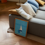 Blue Sailboat Wall Art, Coastal Nautical Print, Minimal Boat Illustration, Beach House Decor, Ocean Striped Art, Modern Coastal Poster
