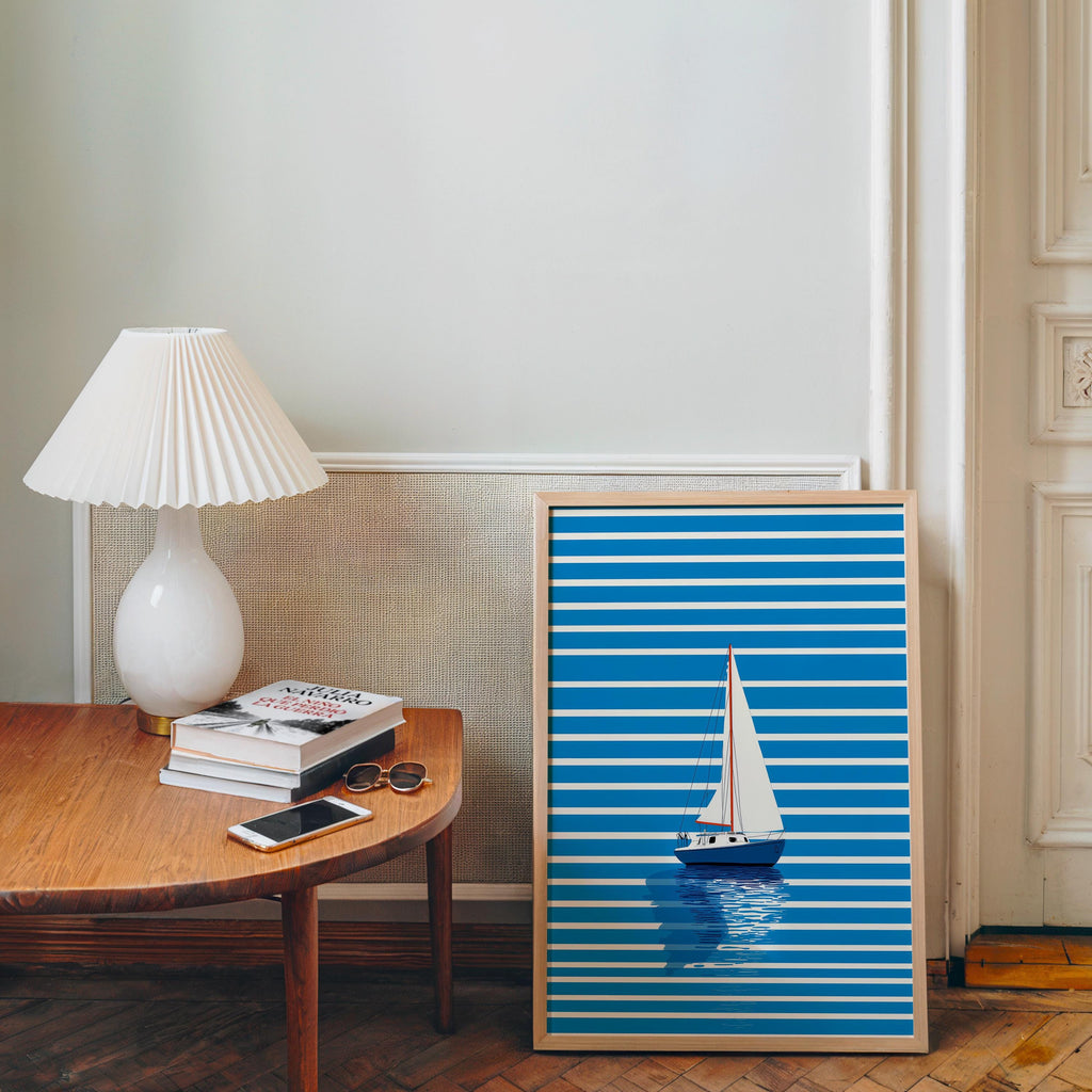 Blue Sailboat Wall Art, Coastal Nautical Print, Minimal Boat Illustration, Beach House Decor, Ocean Striped Art, Modern Coastal Poster