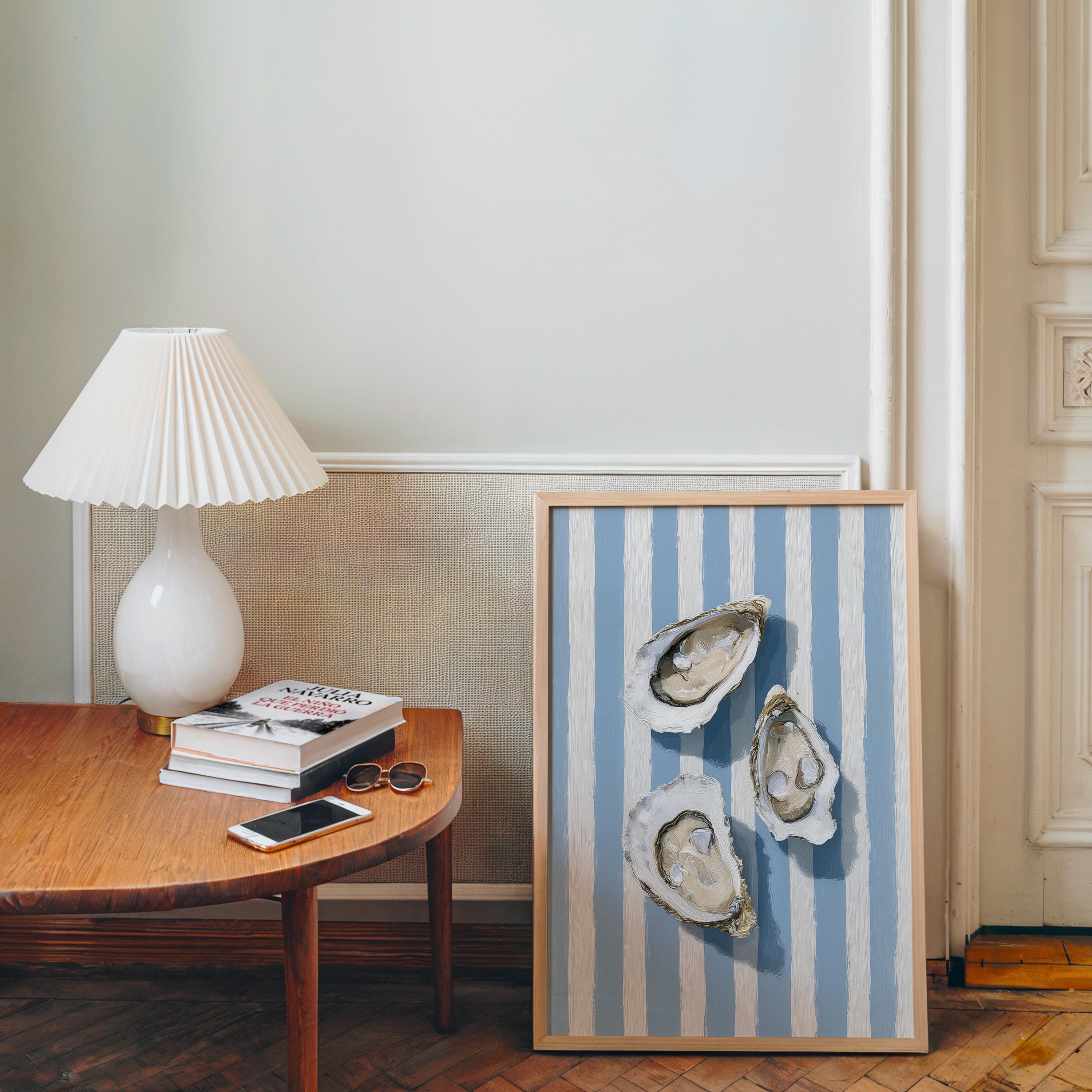 Oyster Wall Art, Coastal Kitchen Print, Blue Striped Nautical Art, Beach House Decor, Seafood Illustration, Minimal Coastal Poster