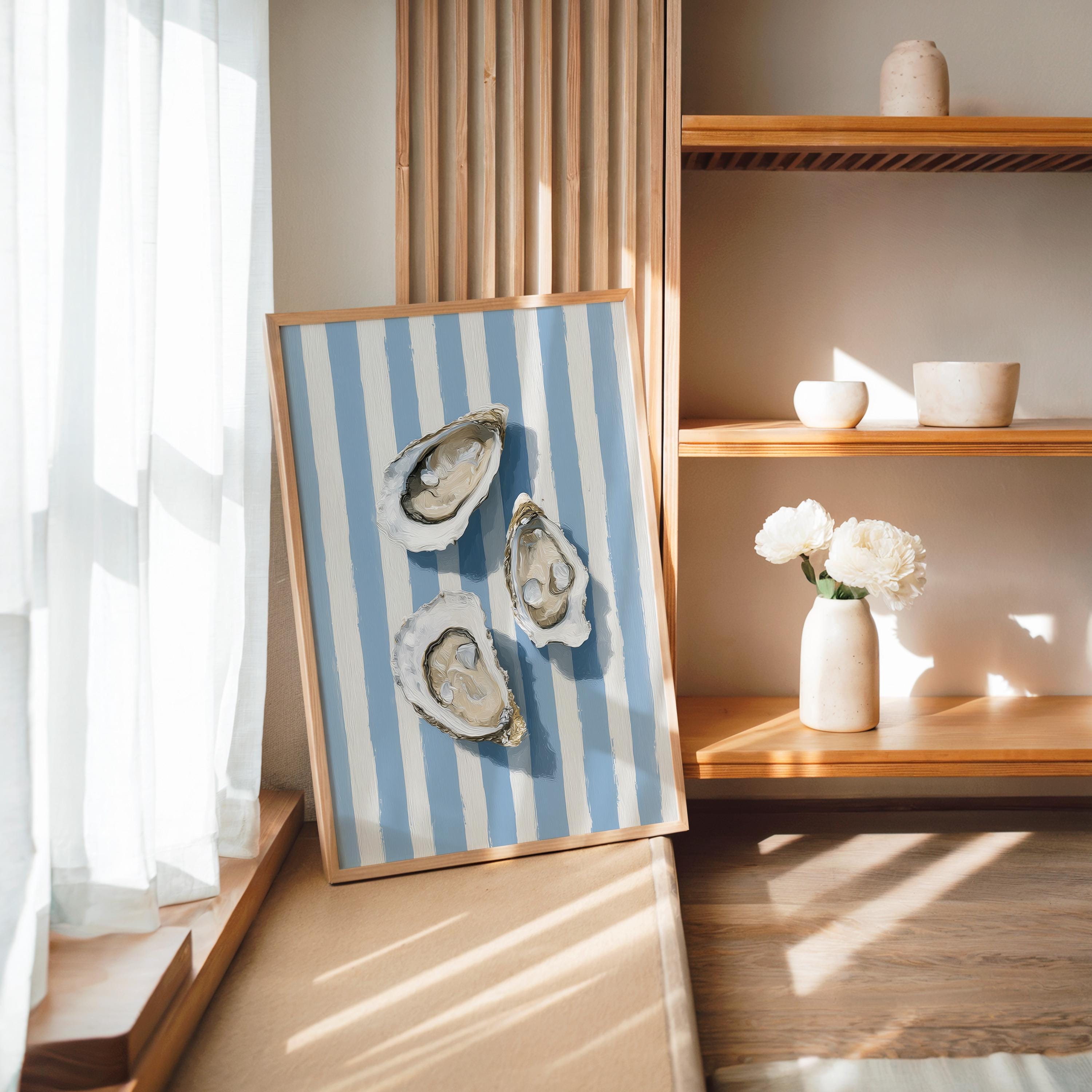 Oyster Wall Art, Coastal Kitchen Print, Blue Striped Nautical Art, Beach House Decor, Seafood Illustration, Minimal Coastal Poster