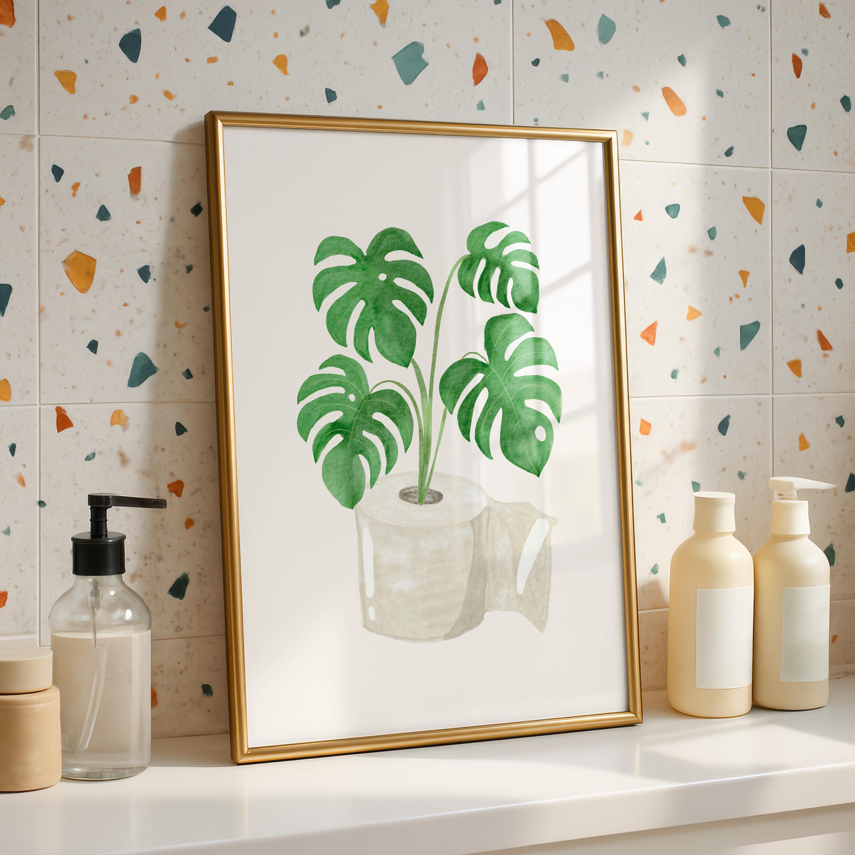 Boho Bathroom Wall Art, Monstera Plant Print, Green Botanical Toilet Decor, Minimalist Spa Bathroom Poster, Modern Bathroom Wall Decor