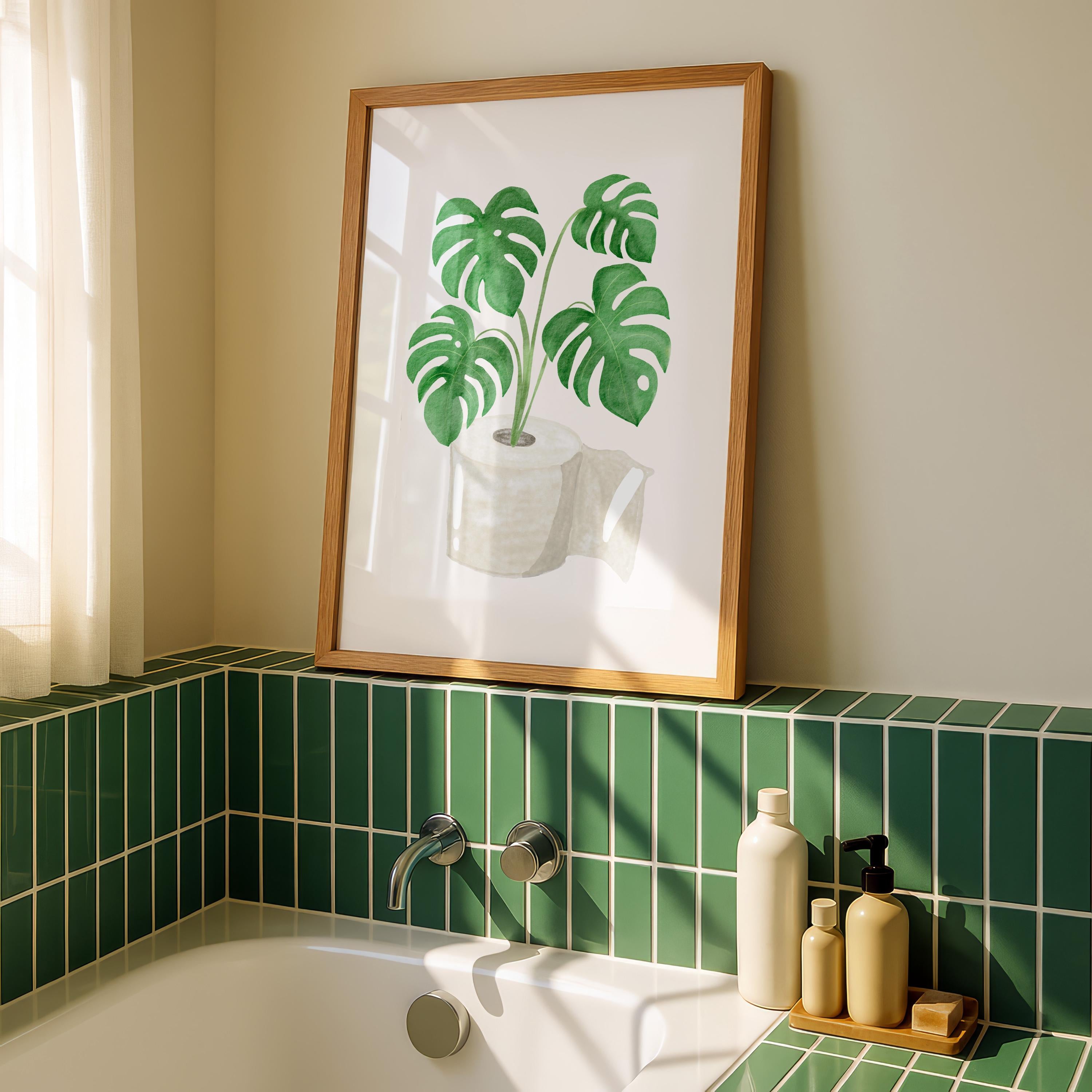 Boho Bathroom Wall Art, Monstera Plant Print, Green Botanical Toilet Decor, Minimalist Spa Bathroom Poster, Modern Bathroom Wall Decor