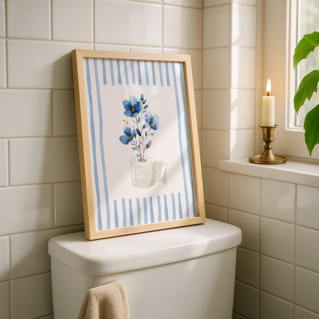 Blue Floral Bathroom Wall Art, Boho Flower Bathroom Print, Soft Botanical Toilet Decor, Minimalist Spa Bathroom Poster, Printable Wall Art