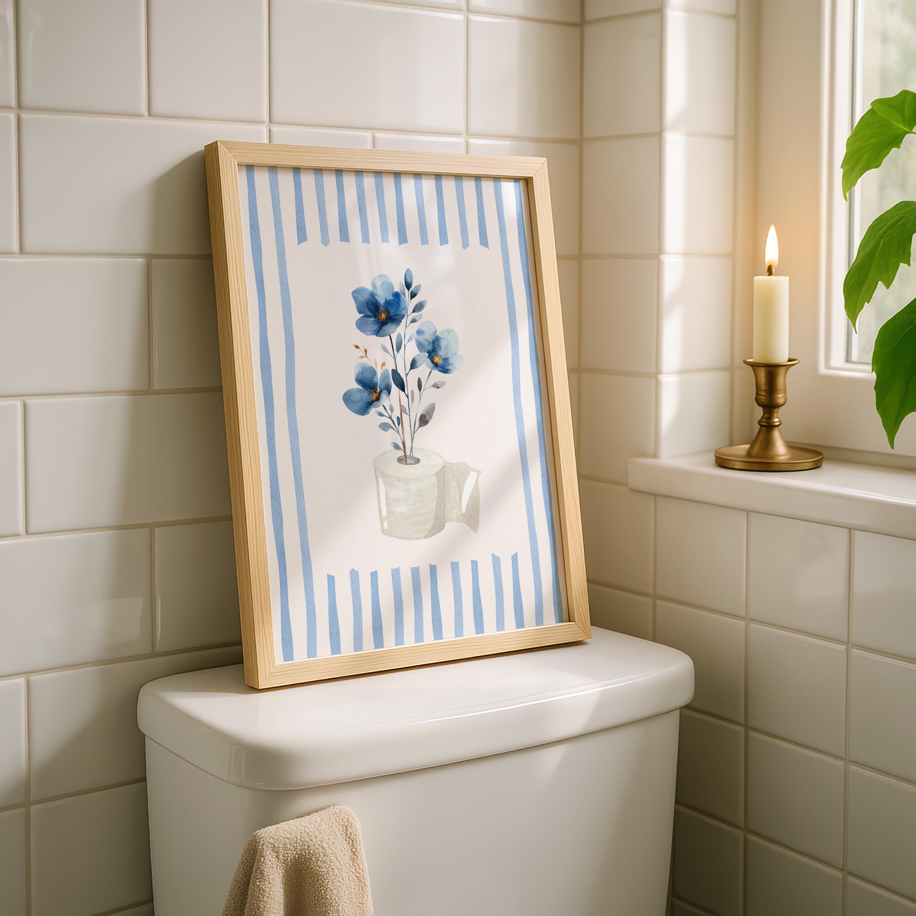 Blue Floral Bathroom Wall Art, Boho Flower Bathroom Print, Soft Botanical Toilet Decor, Minimalist Spa Bathroom Poster, Printable Wall Art