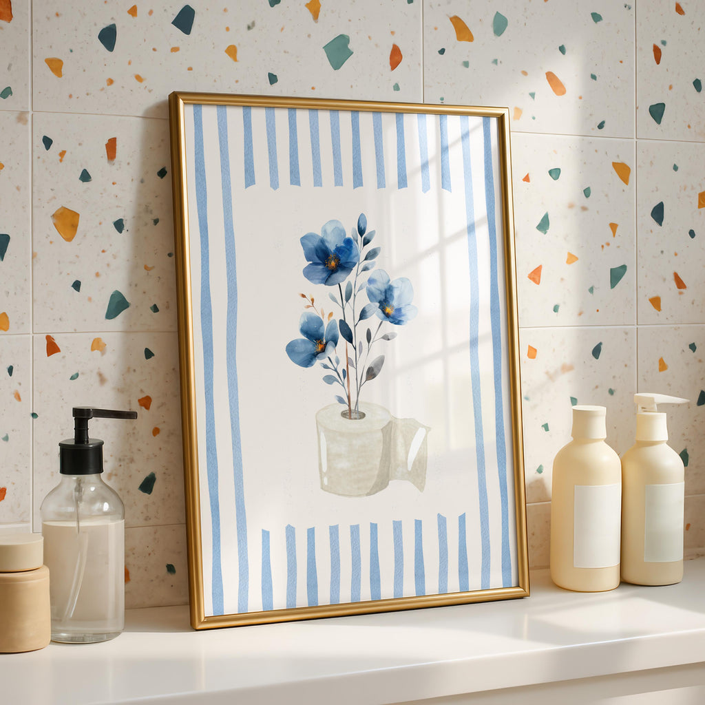 Blue Floral Bathroom Wall Art, Boho Flower Bathroom Print, Soft Botanical Toilet Decor, Minimalist Spa Bathroom Poster, Printable Wall Art