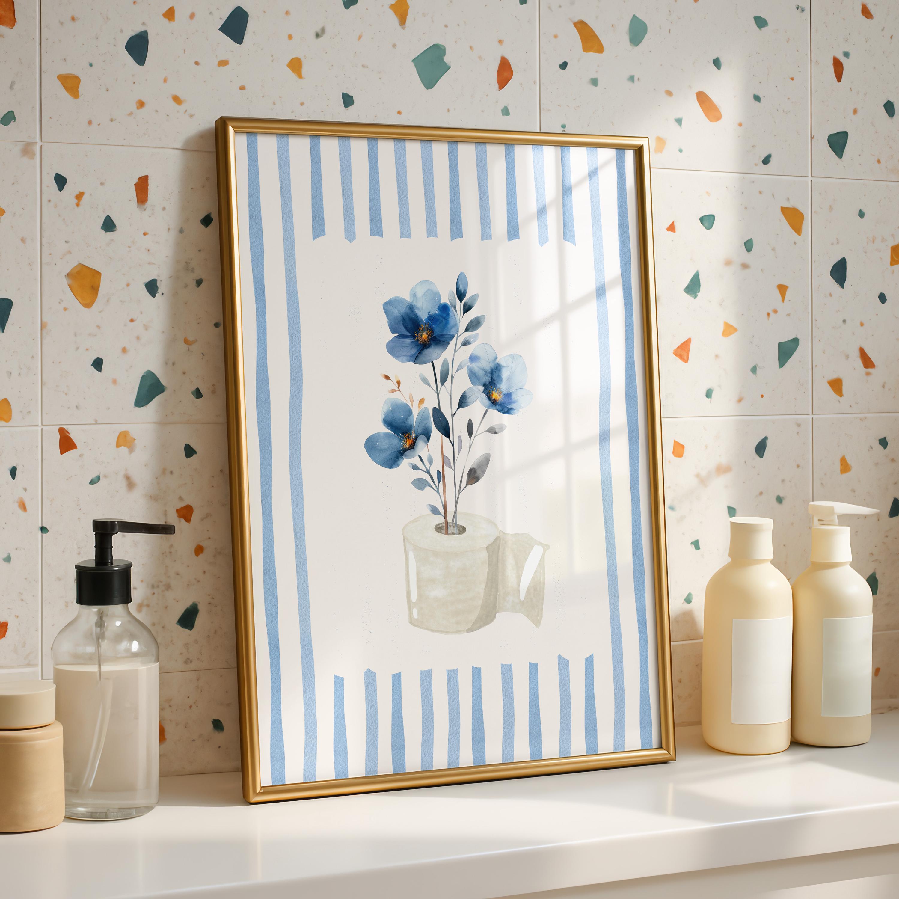Blue Floral Bathroom Wall Art, Boho Flower Bathroom Print, Soft Botanical Toilet Decor, Minimalist Spa Bathroom Poster, Printable Wall Art