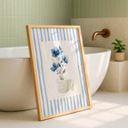 Blue Floral Bathroom Wall Art, Boho Flower Bathroom Print, Soft Botanical Toilet Decor, Minimalist Spa Bathroom Poster, Printable Wall Art