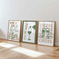 Bar Wall Art Set of 3, Cheers Wine Print, Tell Me When Wine Poster, Wine and Dine Decor, Funny Cocktail Kitchen Art, Bar Cart Prints