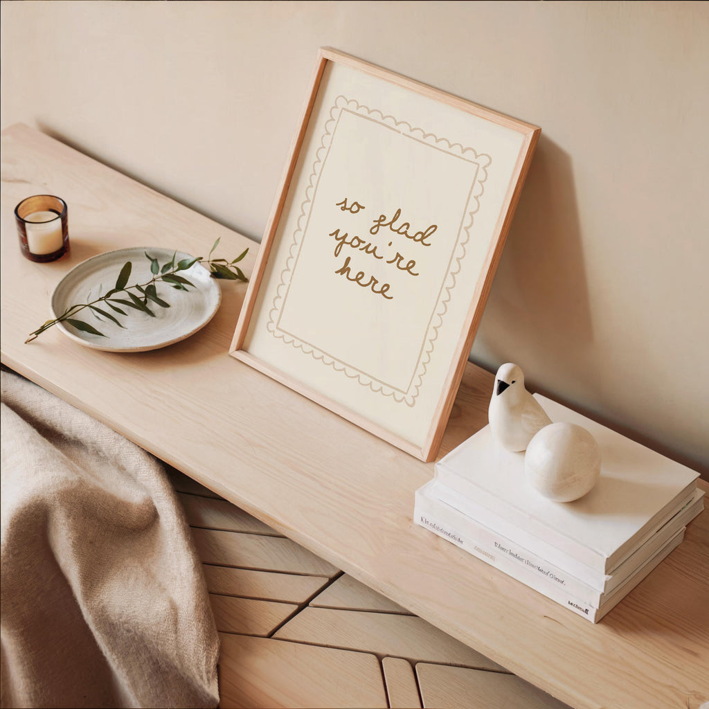 So Glad You’re Here Wall Art, Entryway Welcome Print, Neutral Beige Typography Poster, Minimal Home Decor, Airbnb Wall Art
