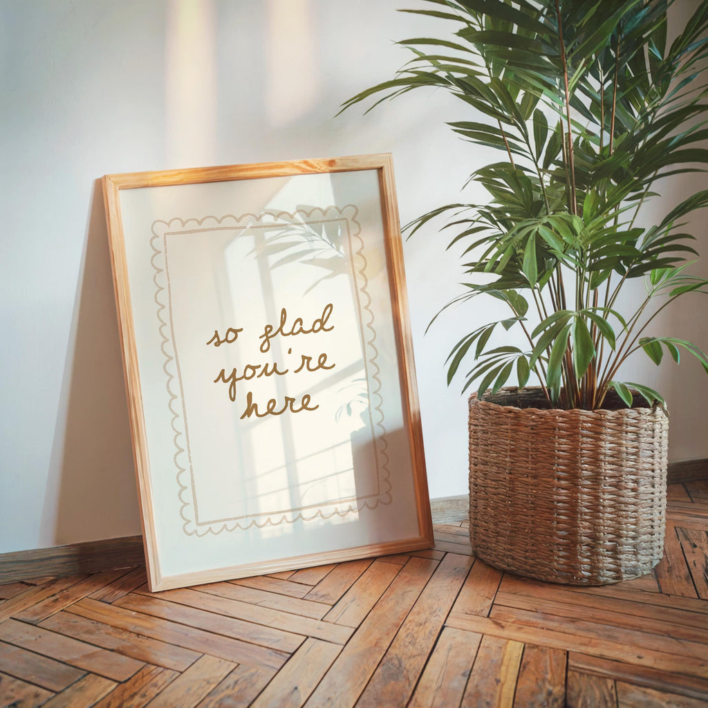 So Glad You’re Here Wall Art, Entryway Welcome Print, Neutral Beige Typography Poster, Minimal Home Decor, Airbnb Wall Art