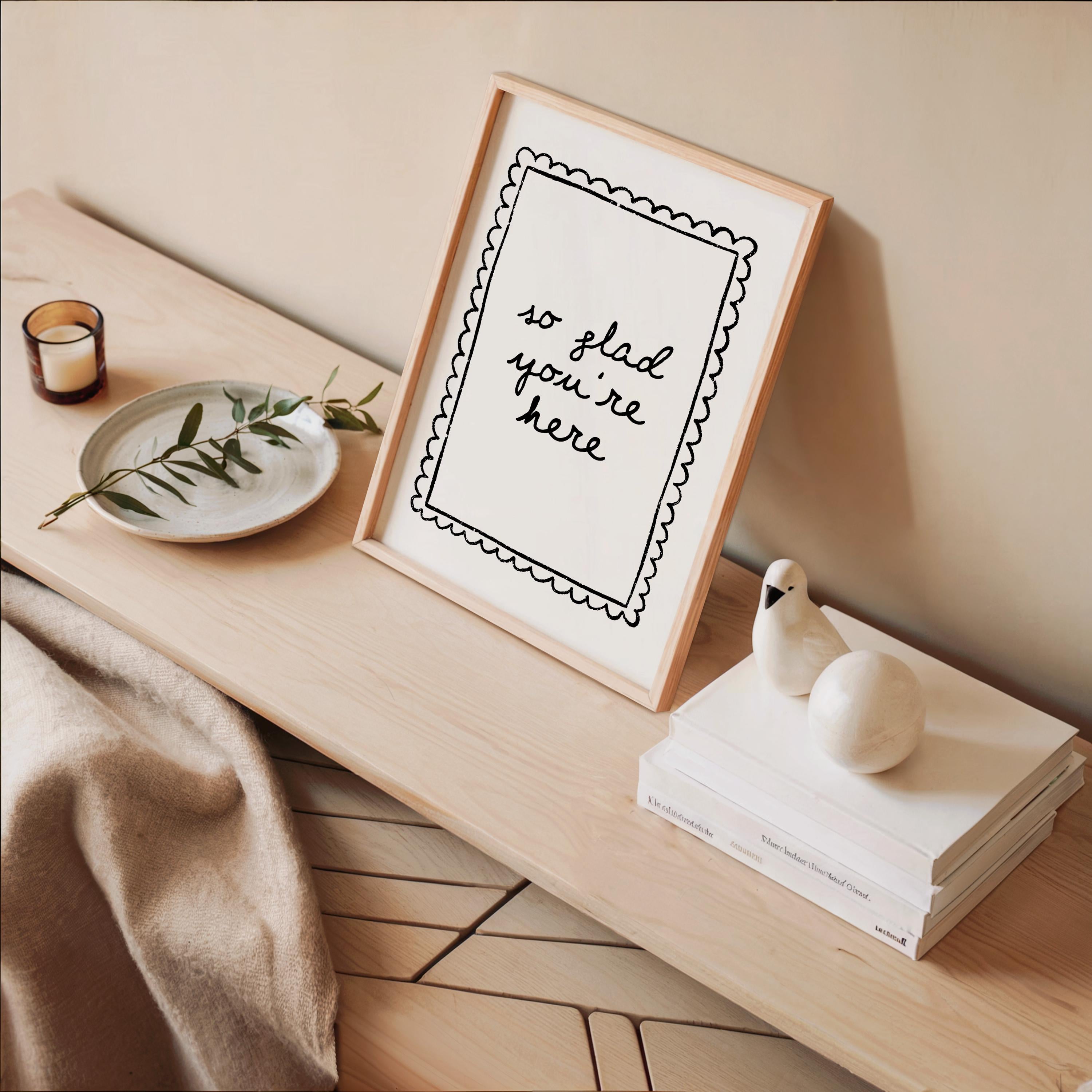 So Glad You’re Here Wall Art, Black White Entryway Print, Minimal Welcome Poster, Modern Home Decor, Airbnb Hallway Art