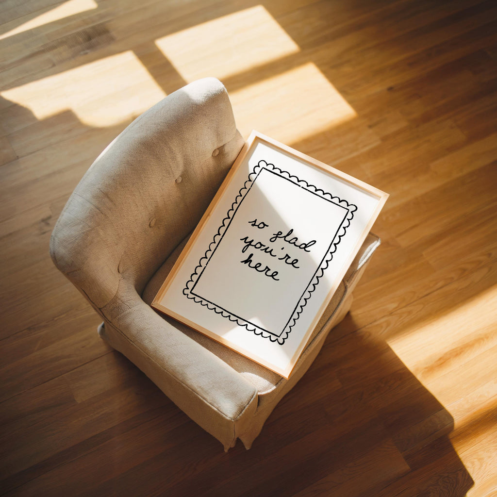So Glad You’re Here Wall Art, Black White Entryway Print, Minimal Welcome Poster, Modern Home Decor, Airbnb Hallway Art