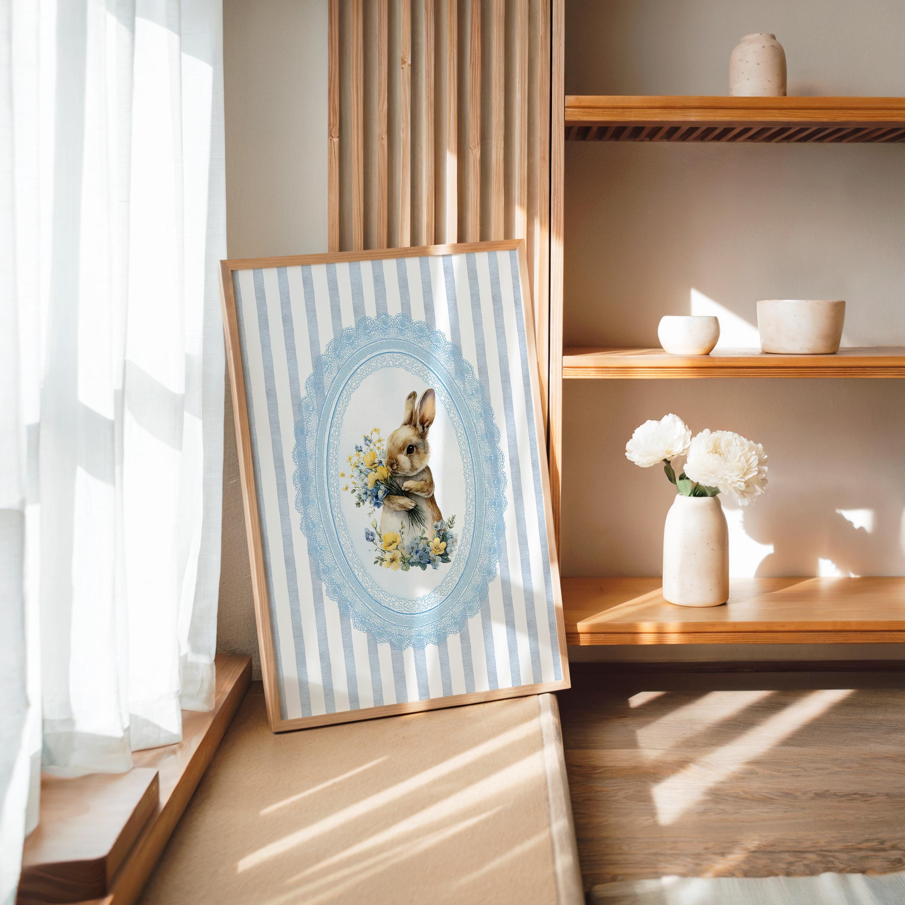 Spring Bunny Nursery Wall Art, Blue Floral Baby Room Printable, Vintage Rabbit Spring Decor, Pastel Nursery Art, Digital Download