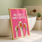 Well Hello Sweet Cheeks Wall Art, Funny Bathroom Wall Decor, Goose Illustration Print, Pink Bathroom Poster, Cute Animal Art, Bathroom Humor