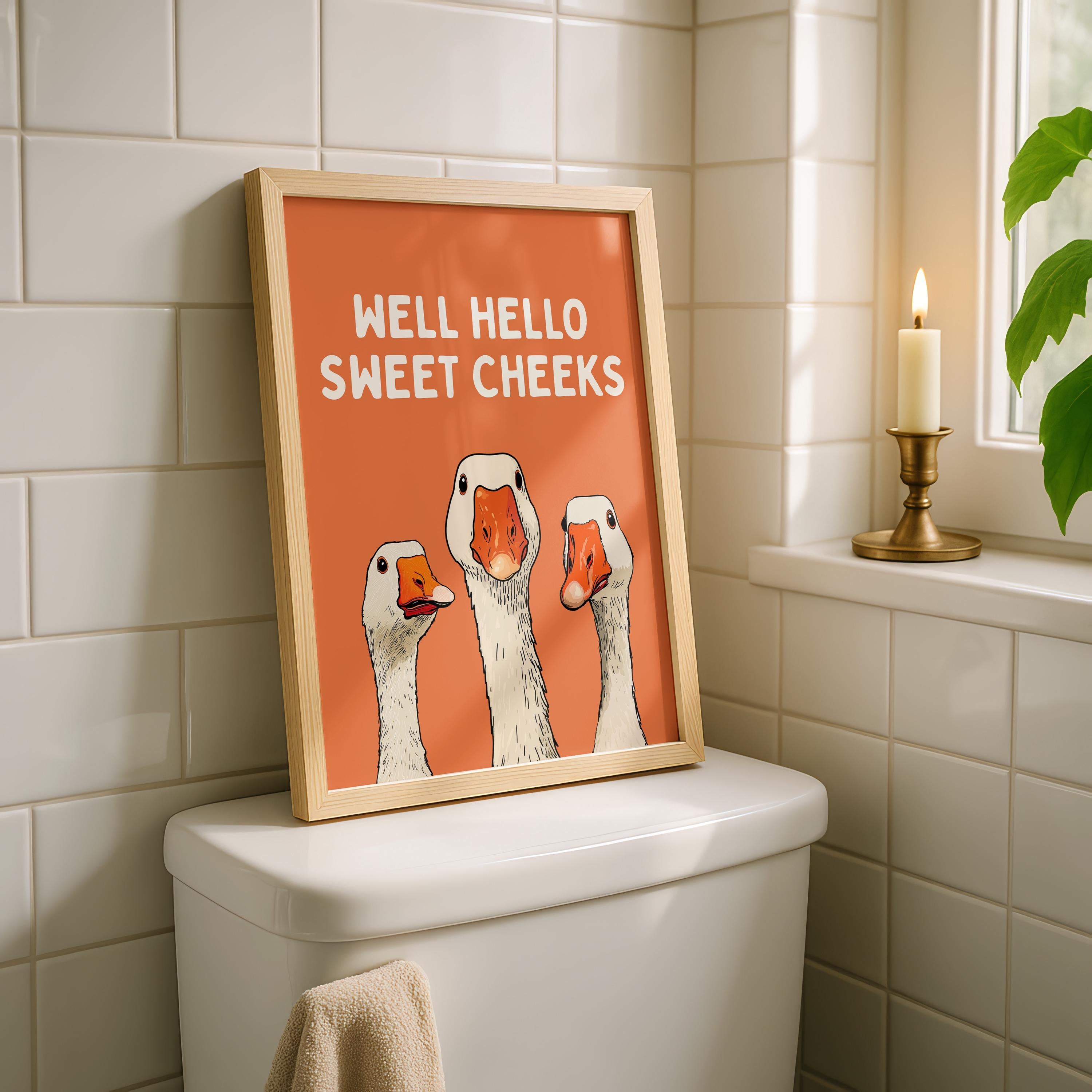 Well Hello Sweet Cheeks Wall Art, Funny Bathroom Wall Decor, Goose Illustration Print, Orange Bathroom Poster Cute Animal Art Bathroom Humor