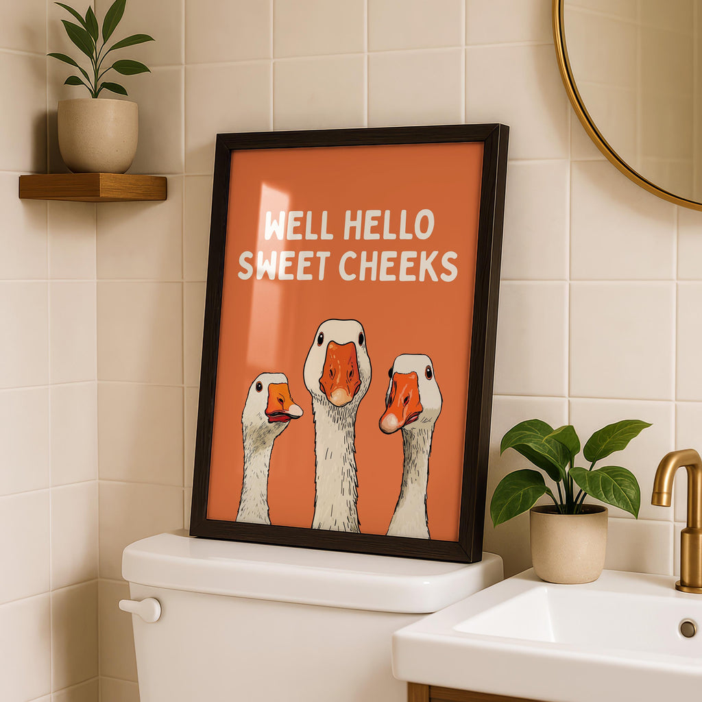 Well Hello Sweet Cheeks Wall Art, Funny Bathroom Wall Decor, Goose Illustration Print, Orange Bathroom Poster Cute Animal Art Bathroom Humor