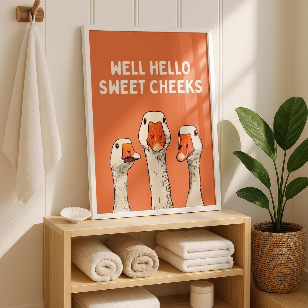 Well Hello Sweet Cheeks Wall Art, Funny Bathroom Wall Decor, Goose Illustration Print, Orange Bathroom Poster Cute Animal Art Bathroom Humor