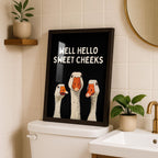 Well Hello Sweet Cheeks Wall Art, Funny Bathroom Wall Decor, Goose Illustration Print, Black Bathroom Poster, Cute Animal Art Bathroom Humor