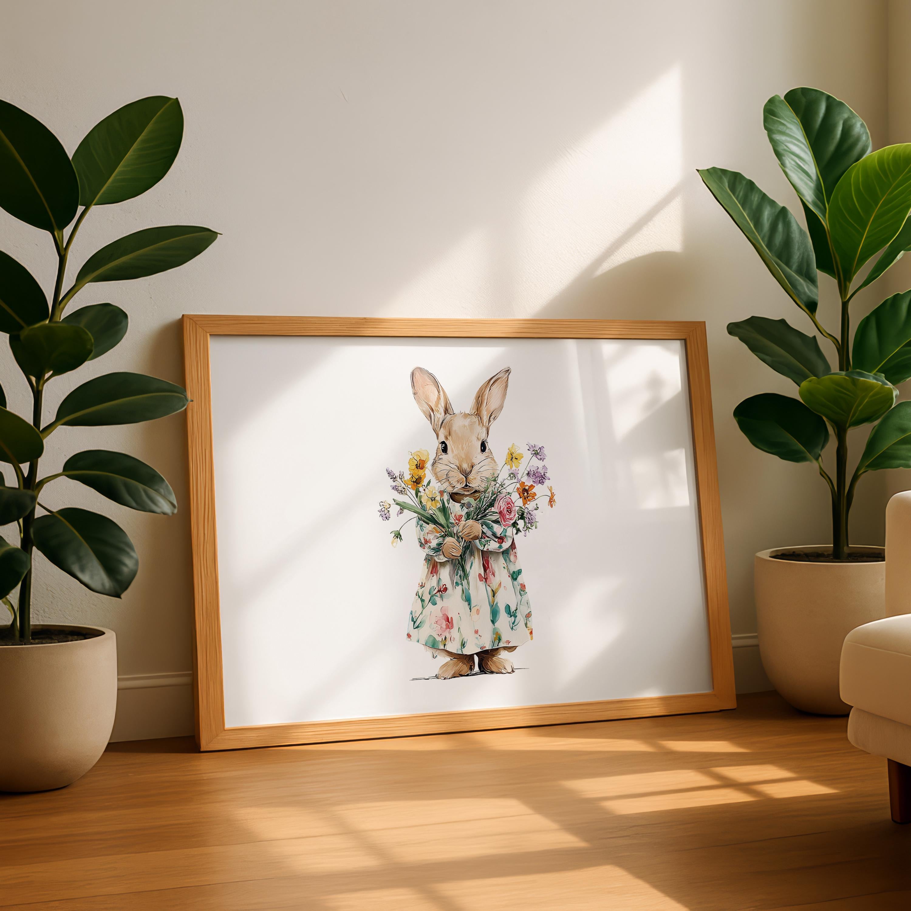 Bunny Wall Art, Rabbit Nursery Print, Floral Bunny Illustration, Spring Nursery Art, Woodland Animal Wall Art, Cute Bunny Poster, DIGITAL