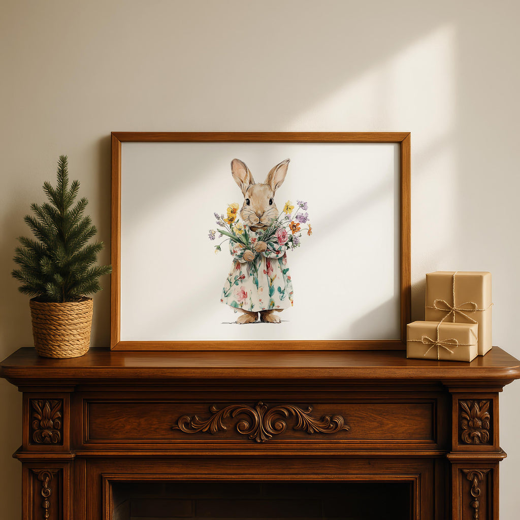 Bunny Wall Art, Rabbit Nursery Print, Floral Bunny Illustration, Spring Nursery Art, Woodland Animal Wall Art, Cute Bunny Poster, DIGITAL