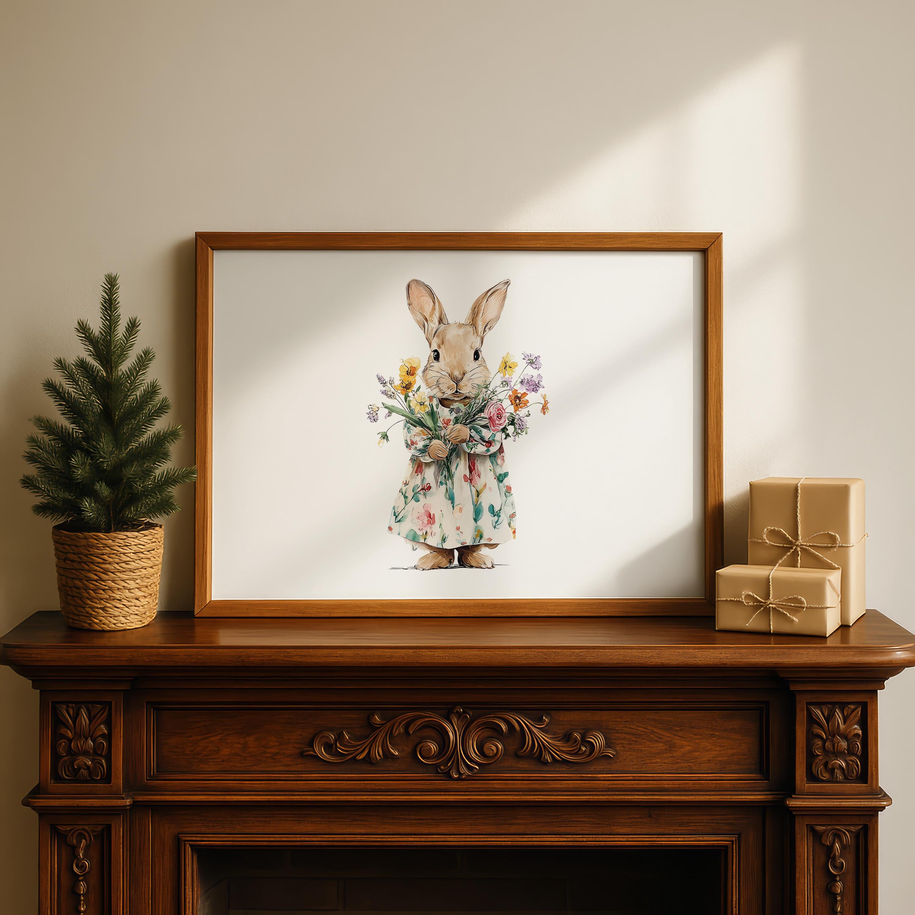 Bunny Wall Art, Rabbit Nursery Print, Floral Bunny Illustration, Spring Nursery Art, Woodland Animal Wall Art, Cute Bunny Poster, DIGITAL