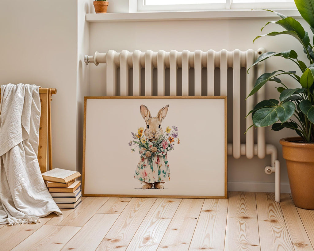 Bunny Wall Art, Rabbit Nursery Print, Floral Bunny Illustration, Spring Nursery Art, Woodland Animal Wall Art, Cute Bunny Poster, DIGITAL