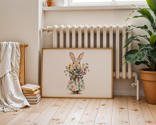Bunny Wall Art, Rabbit Nursery Print, Floral Bunny Illustration, Spring Nursery Art, Woodland Animal Wall Art, Cute Bunny Poster, DIGITAL