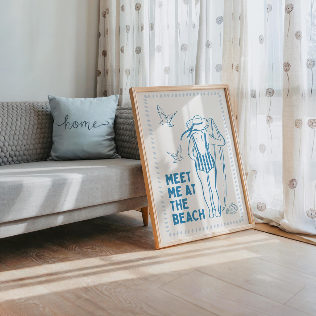 Meet Me At The Beach Wall Art Printable, Coastal Blue Summer Poster, Beach House Decor, Nautical Ocean Bathroom Bedroom Print