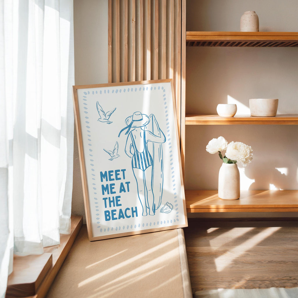 Meet Me At The Beach Wall Art Printable, Coastal Blue Summer Poster, Beach House Decor, Nautical Ocean Bathroom Bedroom Print