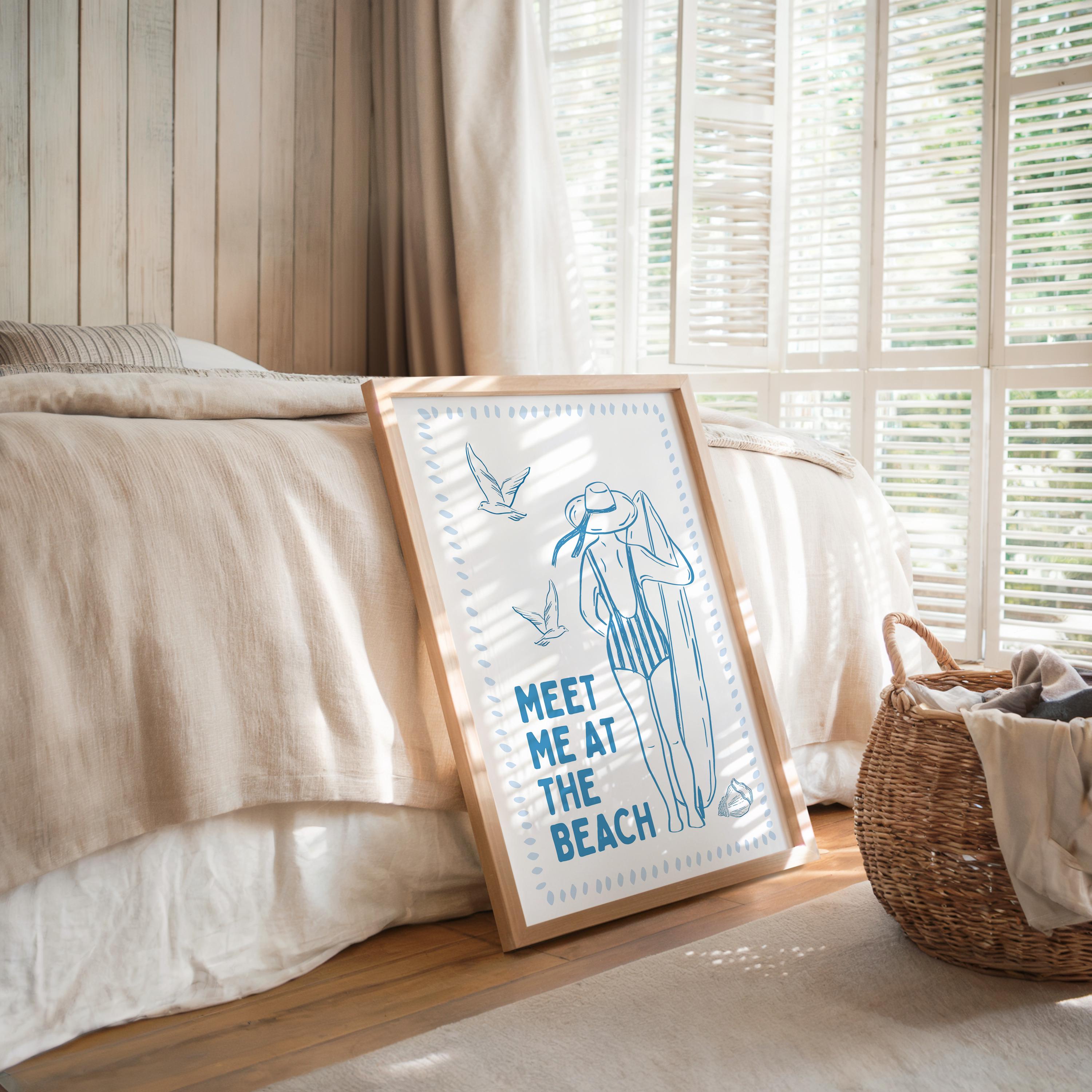 Meet Me At The Beach Wall Art Printable, Coastal Blue Summer Poster, Beach House Decor, Nautical Ocean Bathroom Bedroom Print
