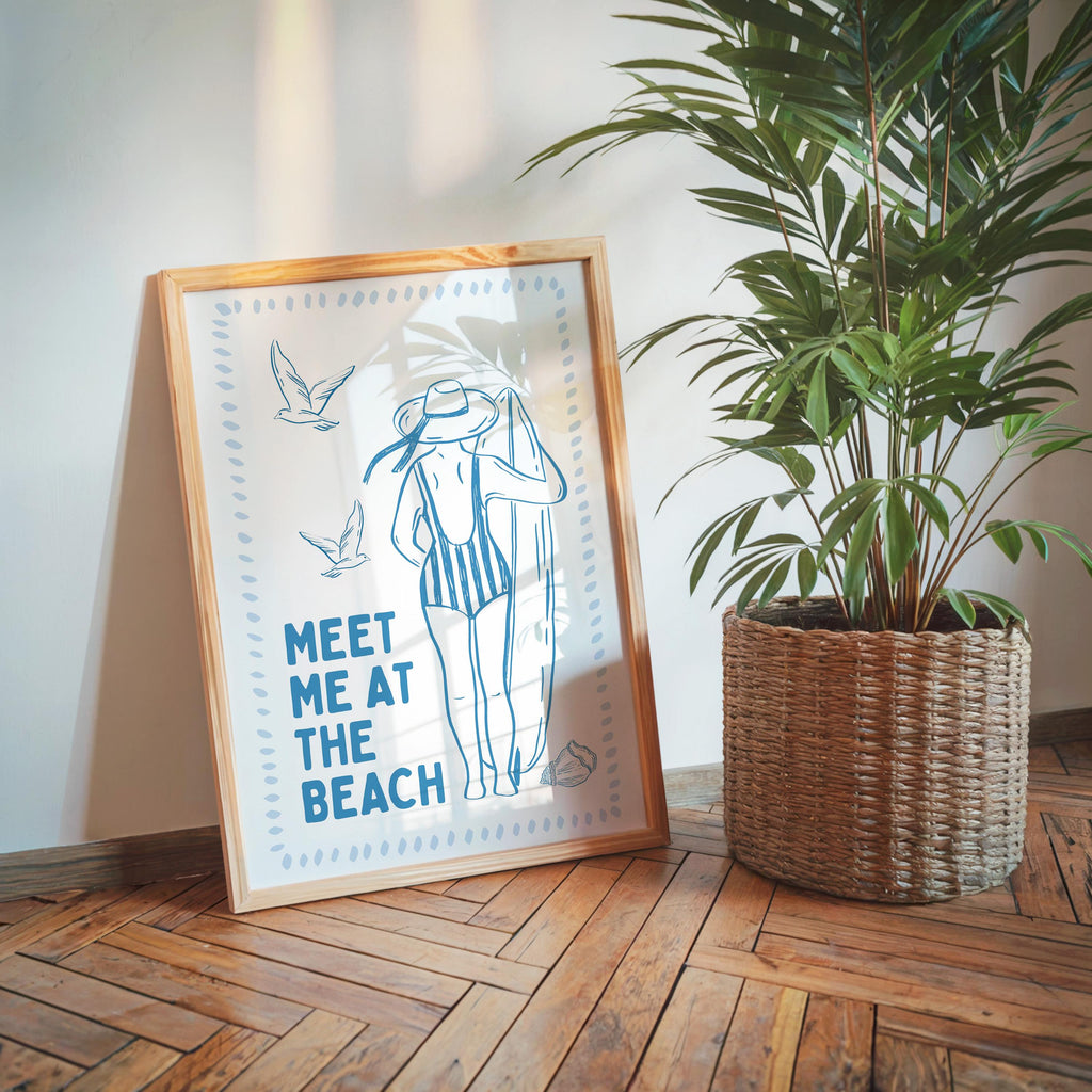 Meet Me At The Beach Wall Art Printable, Coastal Blue Summer Poster, Beach House Decor, Nautical Ocean Bathroom Bedroom Print