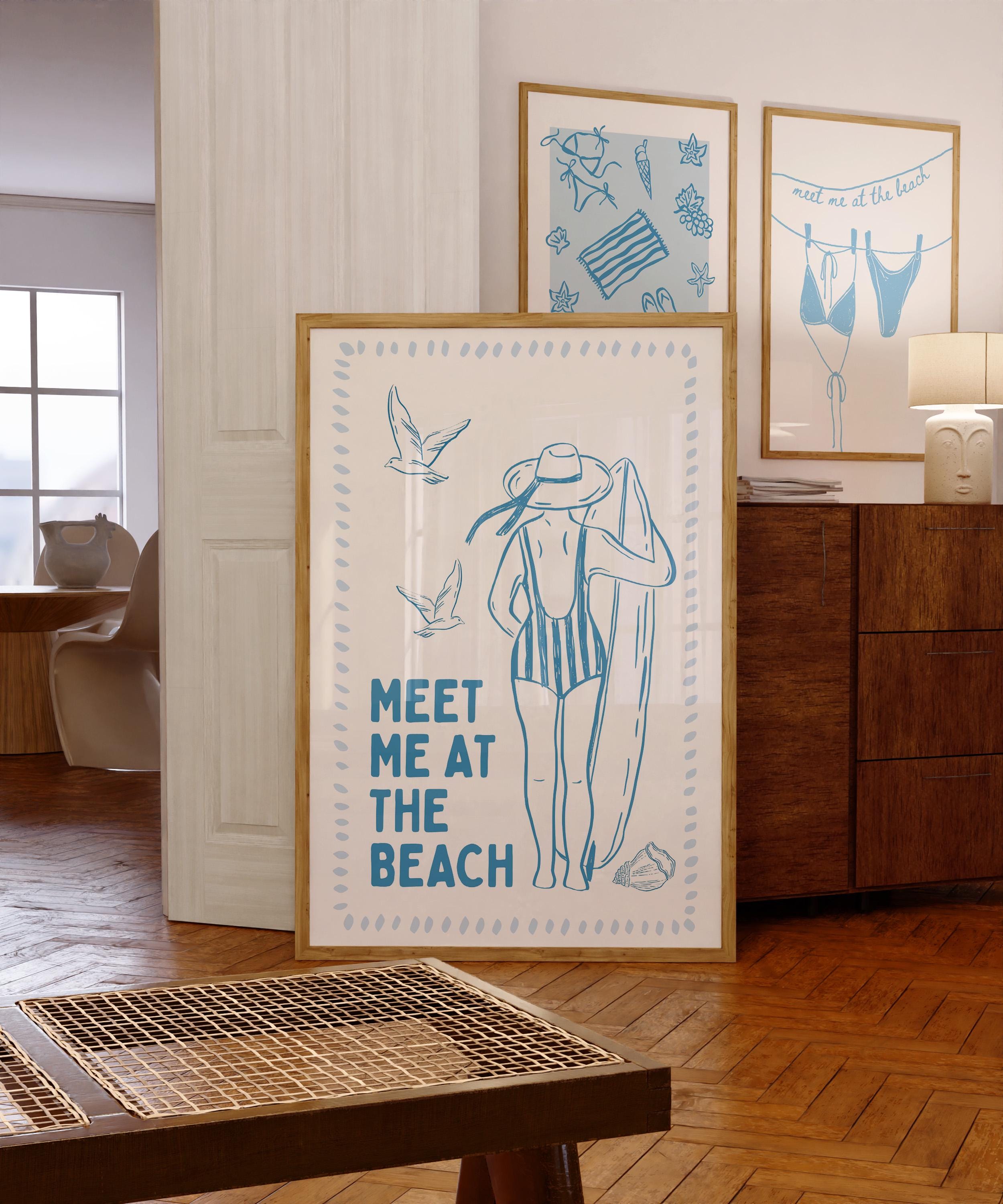 Meet Me At The Beach Wall Art Printable, Coastal Blue Summer Poster, Beach House Decor, Nautical Ocean Bathroom Bedroom Print