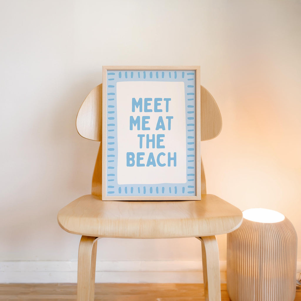 Meet Me At The Beach Wall Art Printable, Blue Coastal Typography Poster, Beach House Decor, Nautical Summer Bathroom Bedroom Print