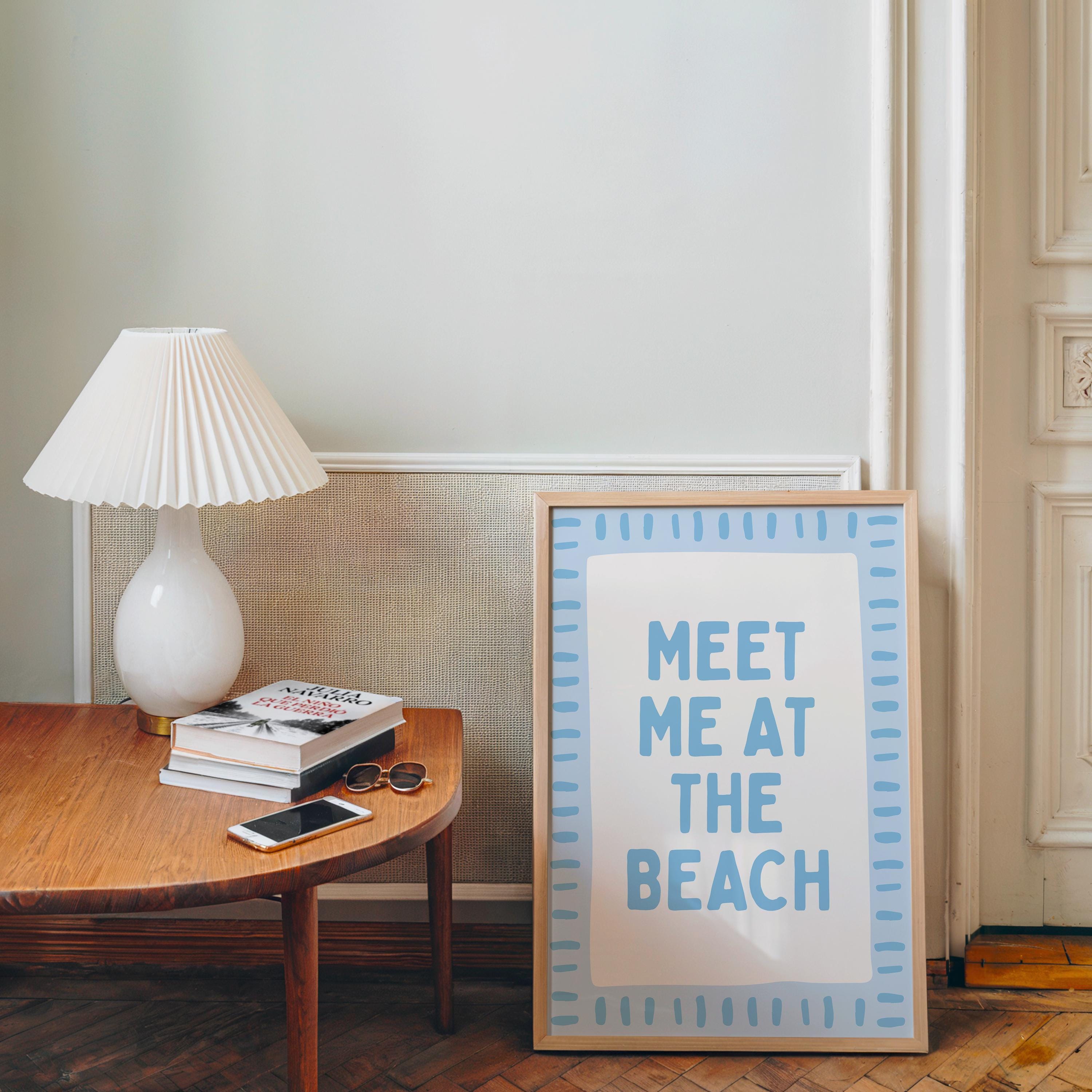 Meet Me At The Beach Wall Art Printable, Blue Coastal Typography Poster, Beach House Decor, Nautical Summer Bathroom Bedroom Print