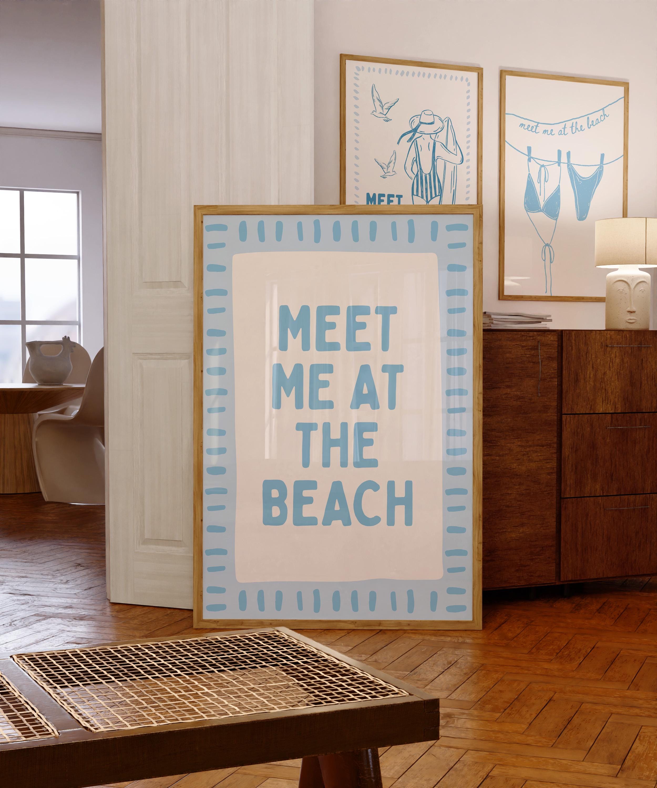 Meet Me At The Beach Wall Art Printable, Blue Coastal Typography Poster, Beach House Decor, Nautical Summer Bathroom Bedroom Print