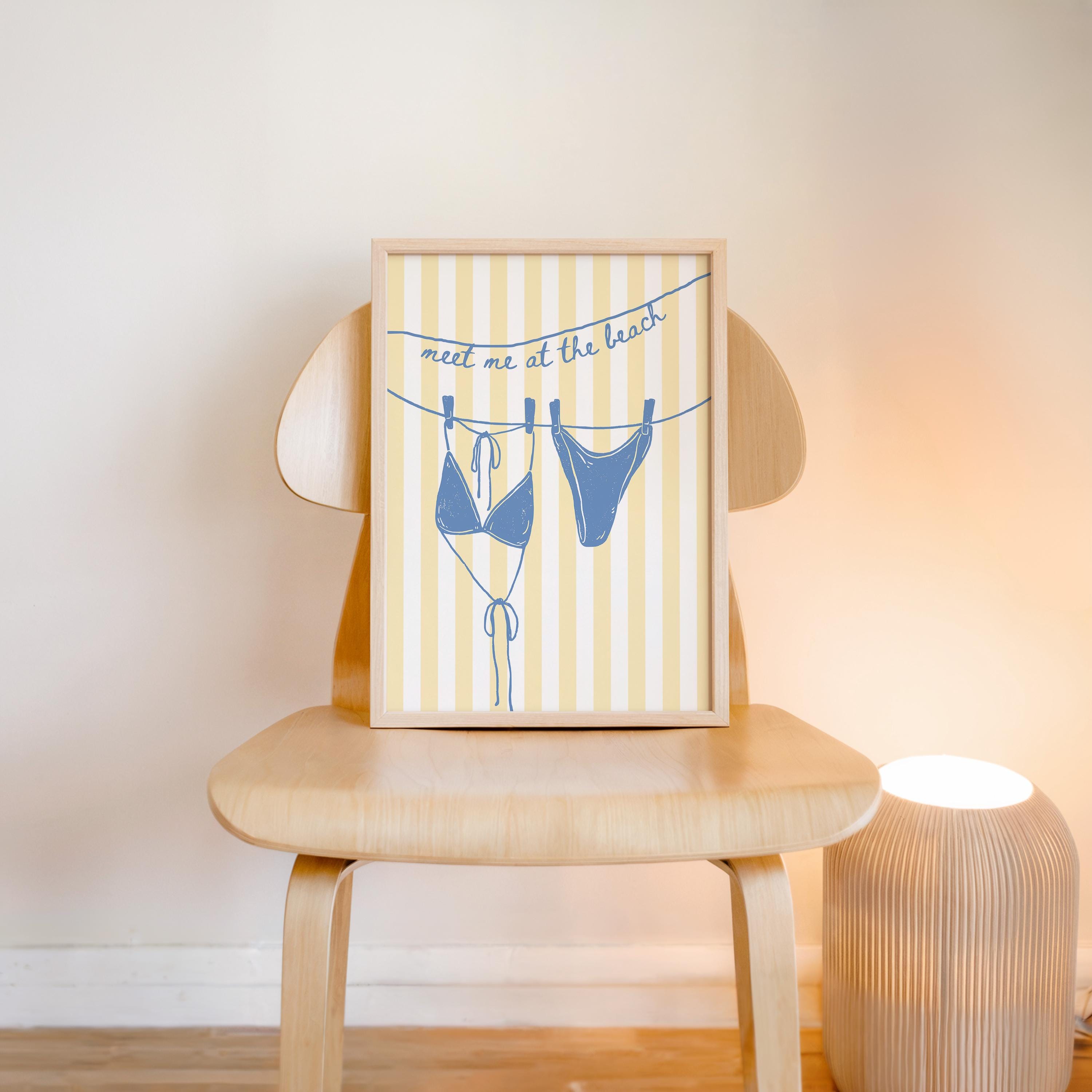 Meet Me at the Beach Wall Art, Coastal Bathroom Printable, Blue Yellow Beach Decor, Bikini Line Art, Summer Coastal Home Print