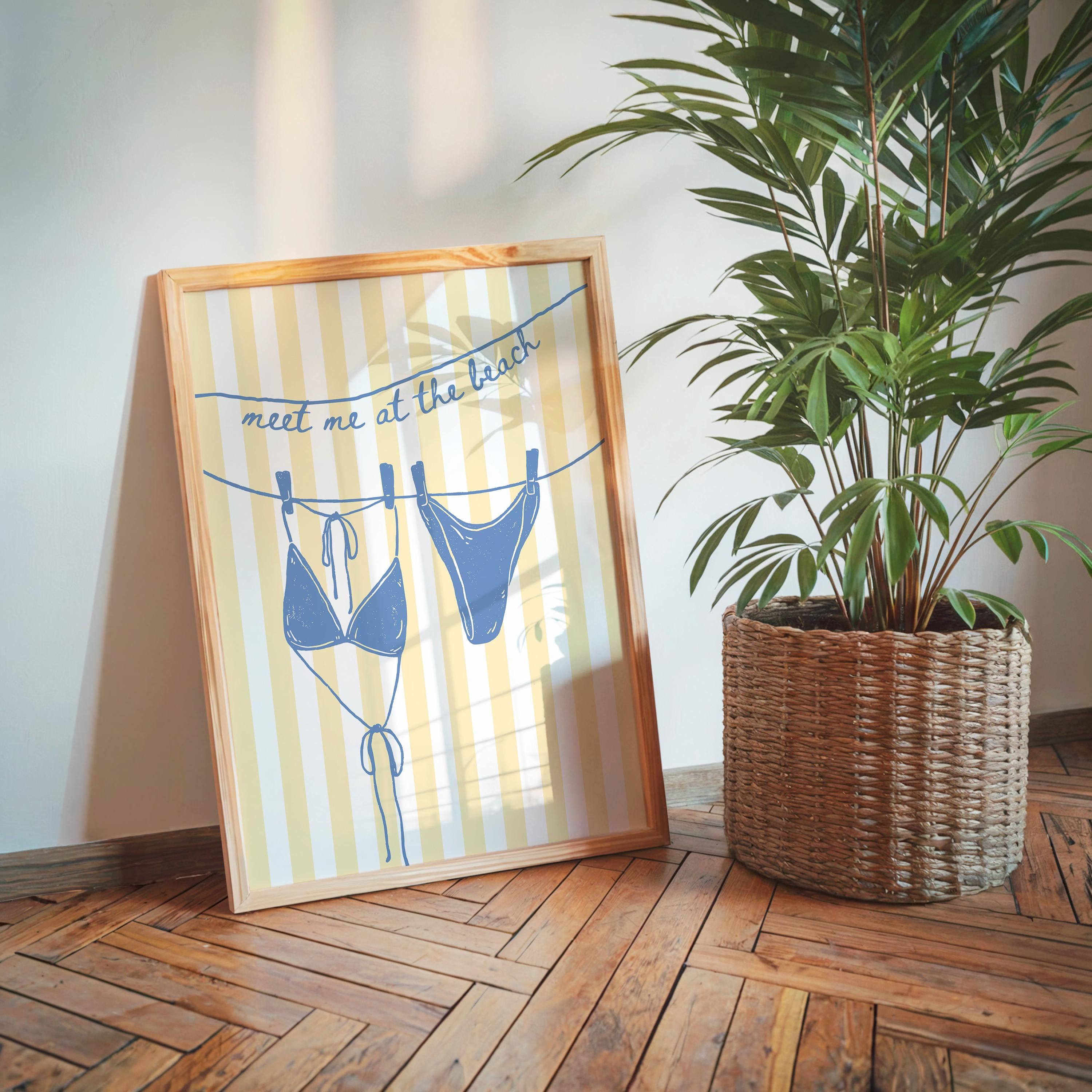 Meet Me at the Beach Wall Art, Coastal Bathroom Printable, Blue Yellow Beach Decor, Bikini Line Art, Summer Coastal Home Print