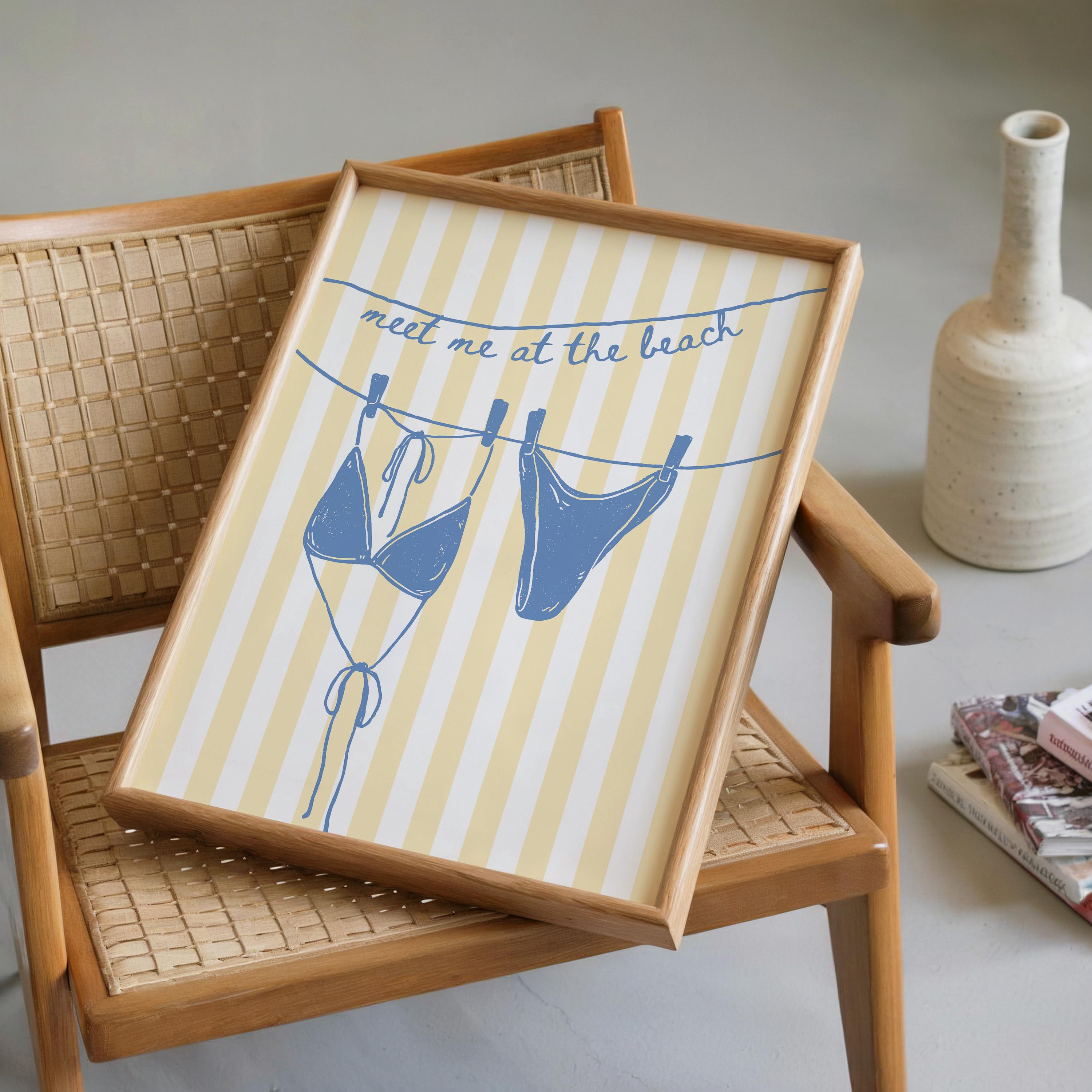 Meet Me at the Beach Wall Art, Coastal Bathroom Printable, Blue Yellow Beach Decor, Bikini Line Art, Summer Coastal Home Print